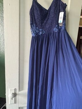 Navy Blue Beaded Spaghetti Strap Evening Gown